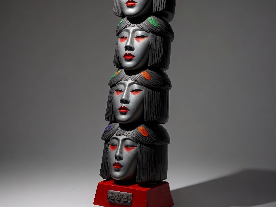 Four Stylized Faces Sculpture with Colorful Details