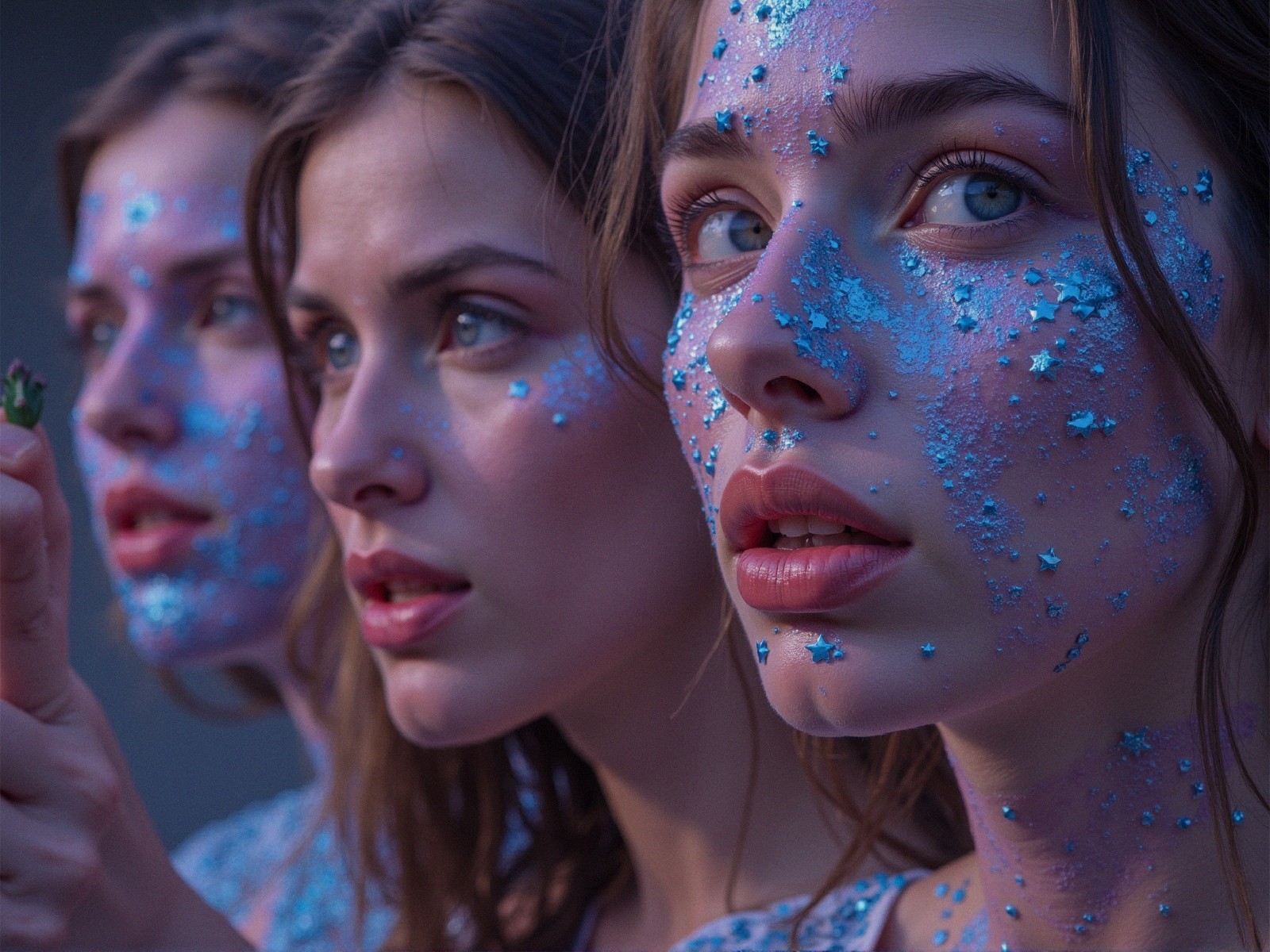 Young women with glittery faces in soft lighting