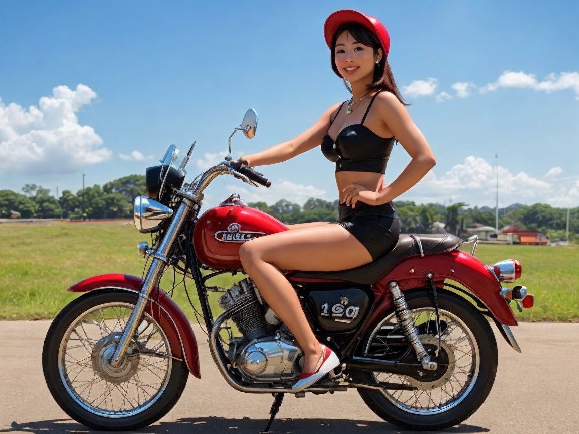 Woman on Vintage Red Motorcycle in Summer Setting