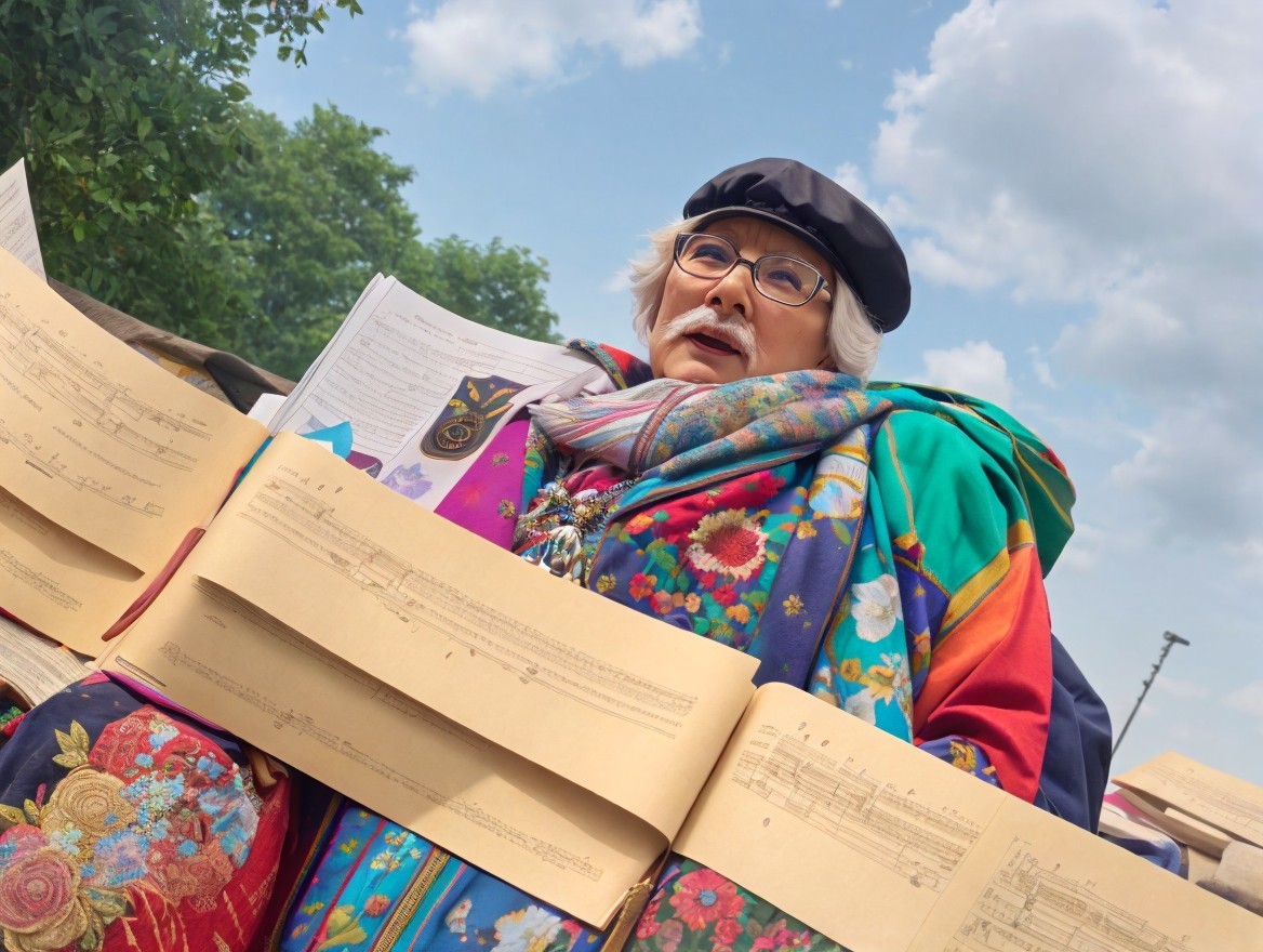 Elderly person in glasses and beret with open sheet music, colorful scarf and coat