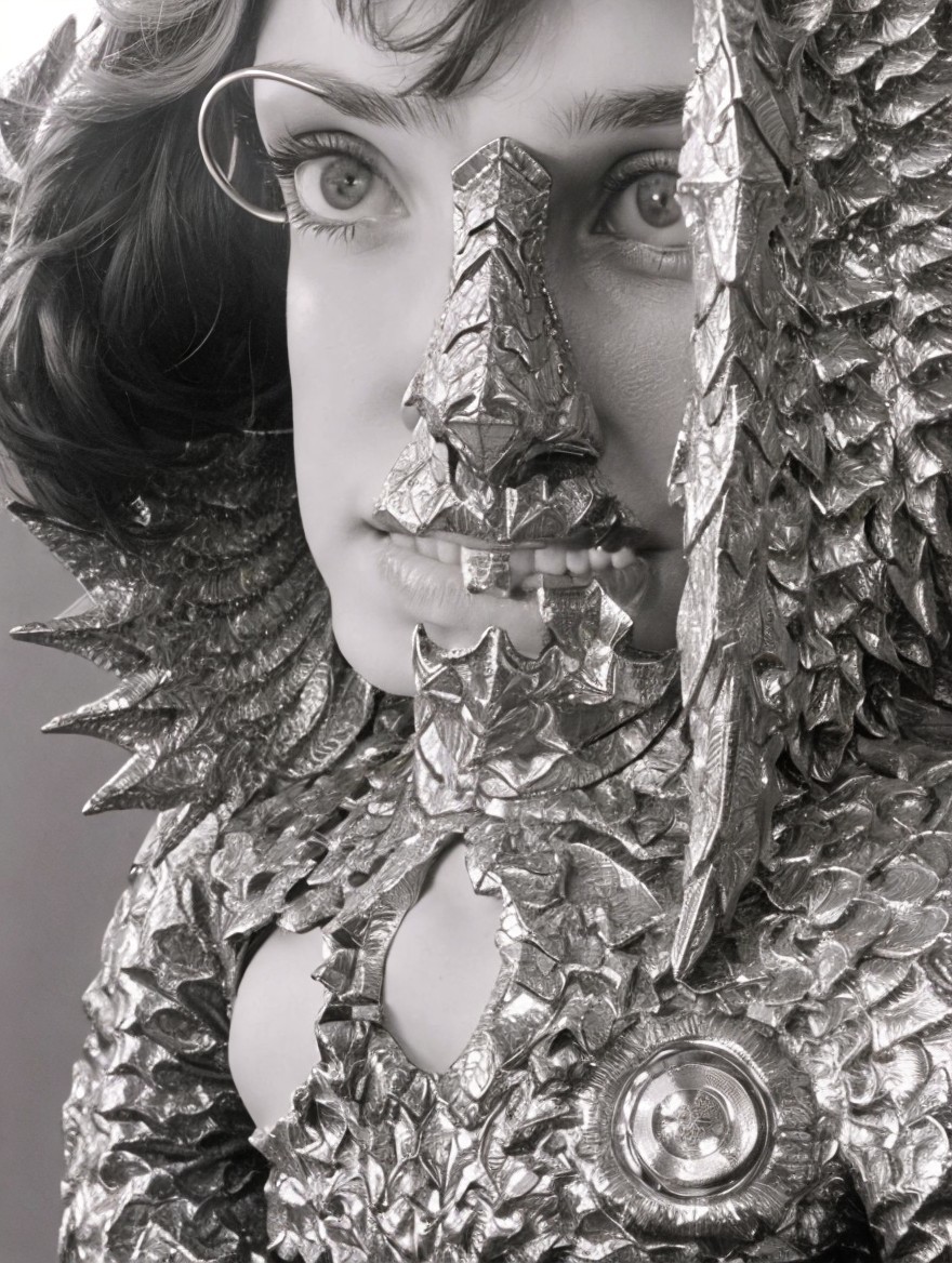 Close-Up Portrait of Person in Textured Metallic Outfit with Spiky Accents
