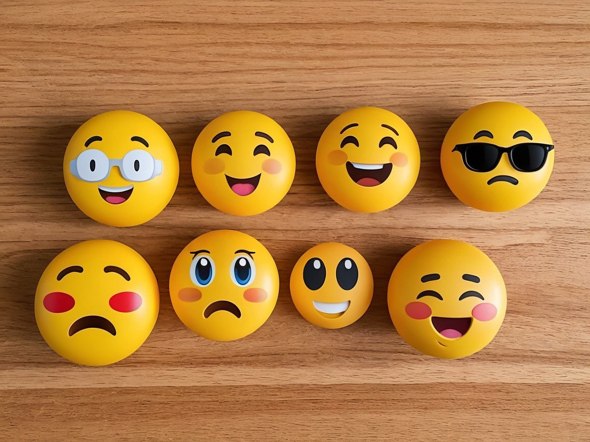 Collection of Yellow Emoji Faces on Wooden Surface