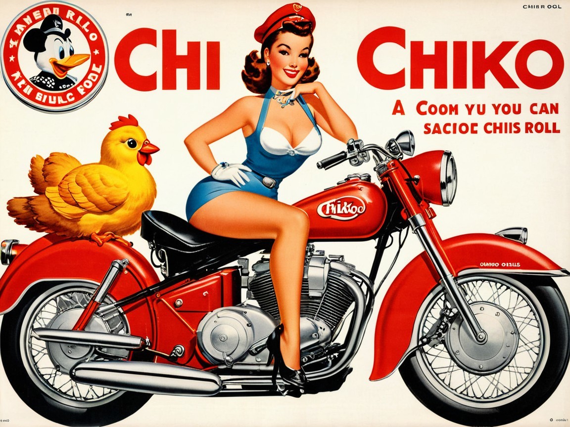 Vintage Illustration of Woman on Motorcycle with Chicken