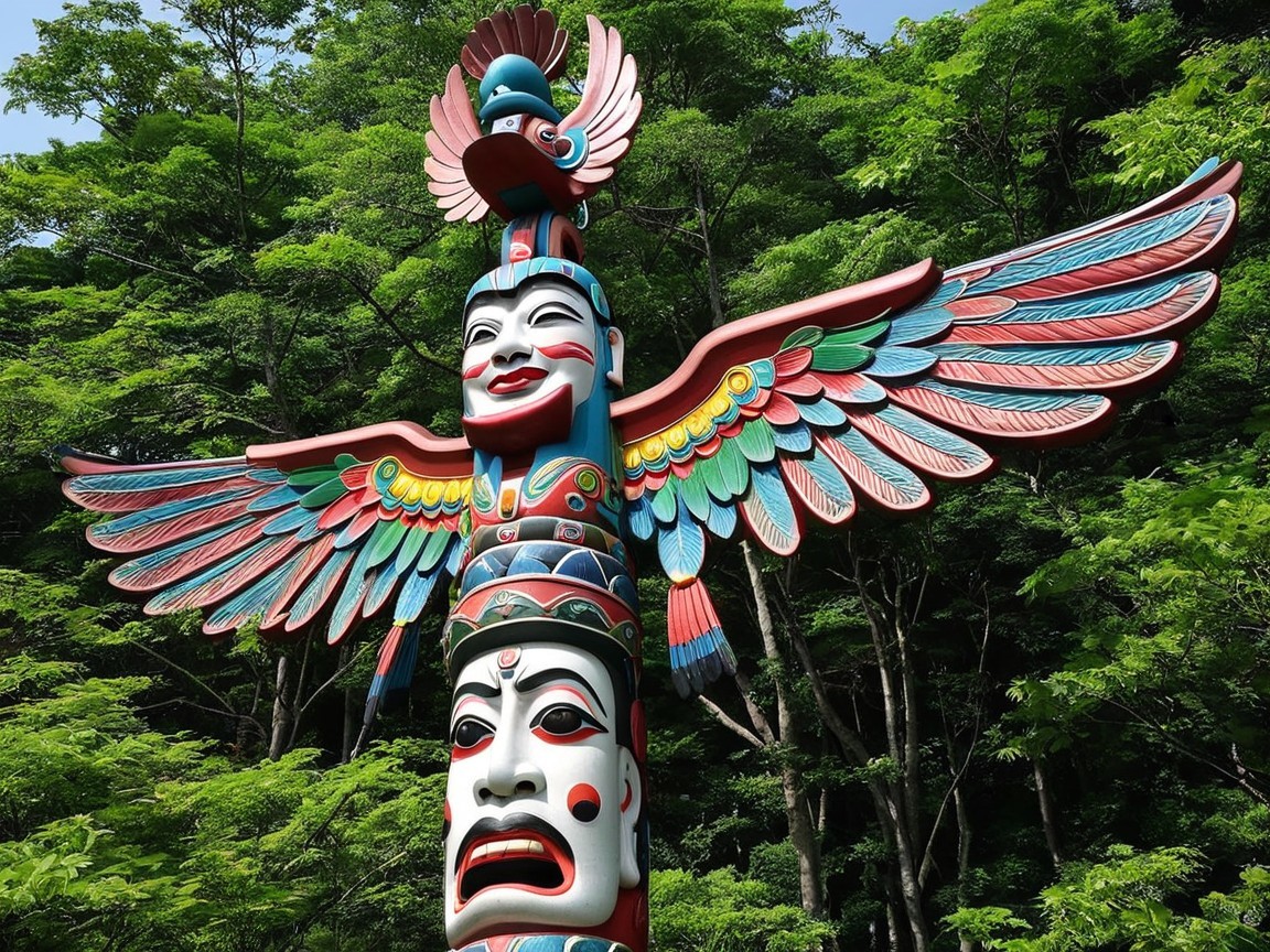 Vibrant Totem Pole with Intricate Carvings and Colors