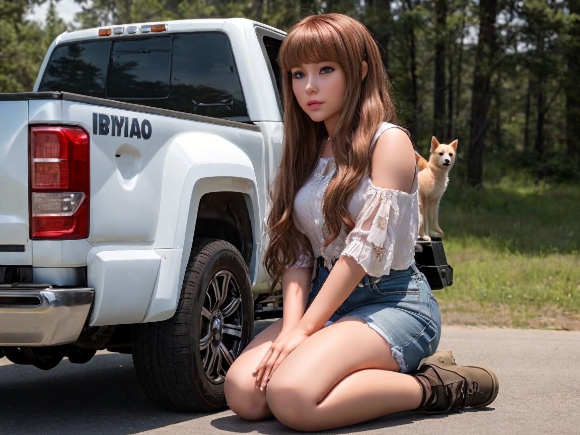 Lifelike Doll and Shiba Inu by Pickup Truck Outdoors