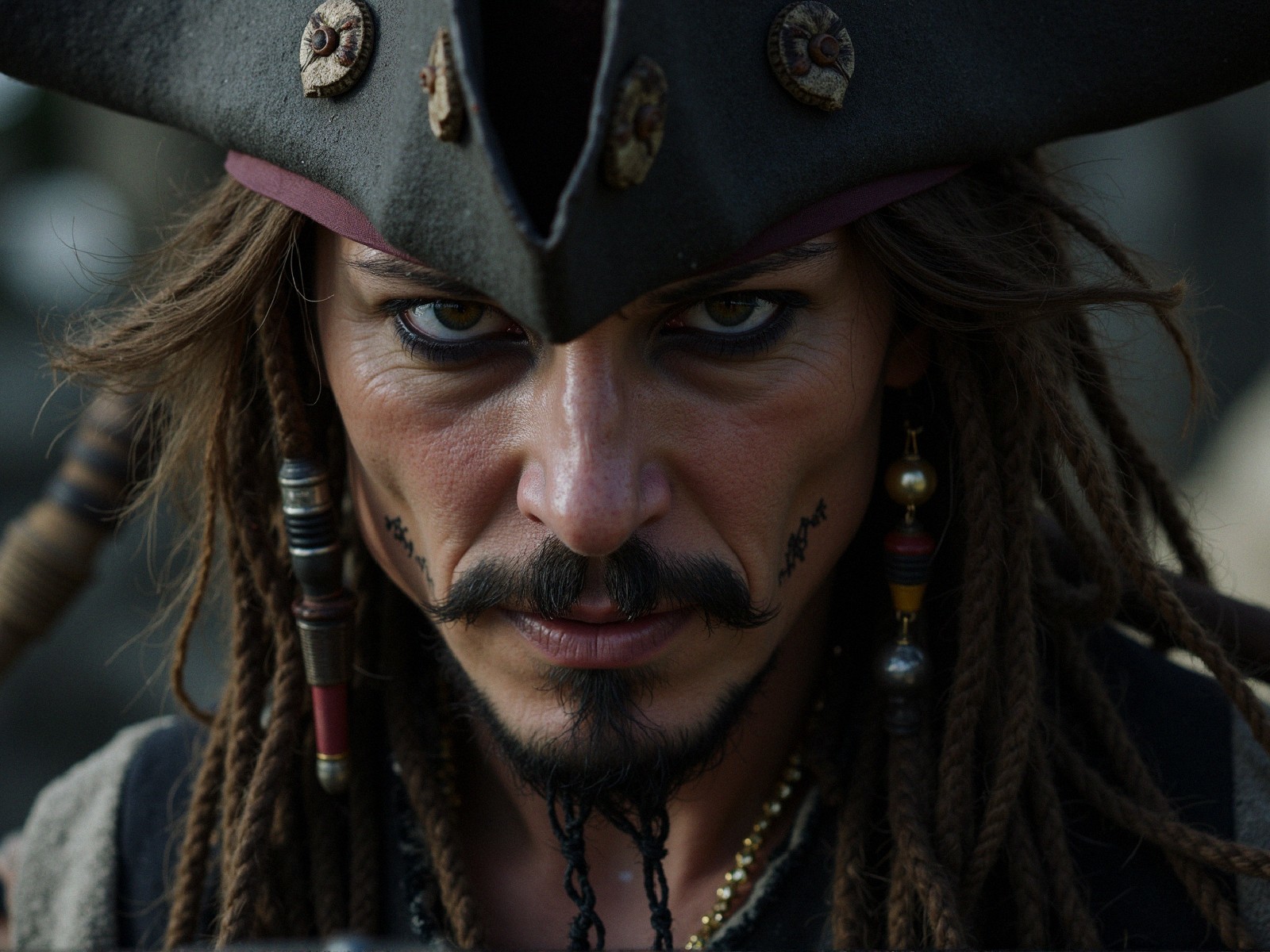 Close-up of a rugged pirate with dreadlocks and hat
