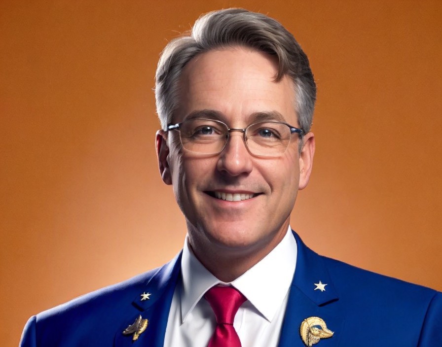 Smiling Man in Blue Suit with Orange Background