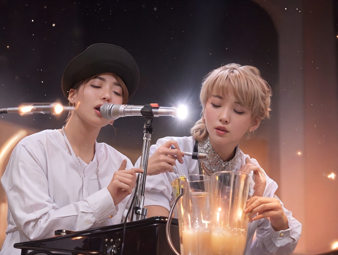 Duo performing music with singer and keyboard player in candlelit setting