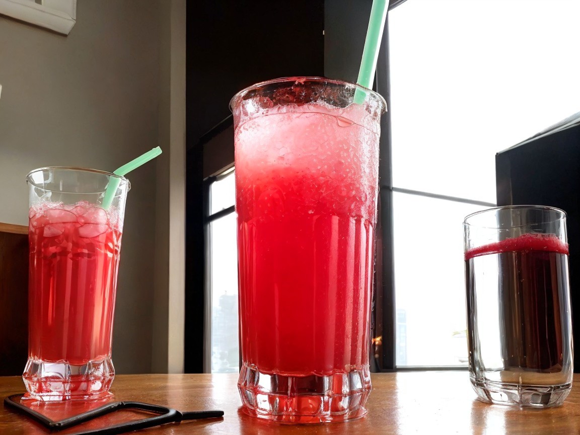Three Glasses with Colorful Drinks on Wooden Table