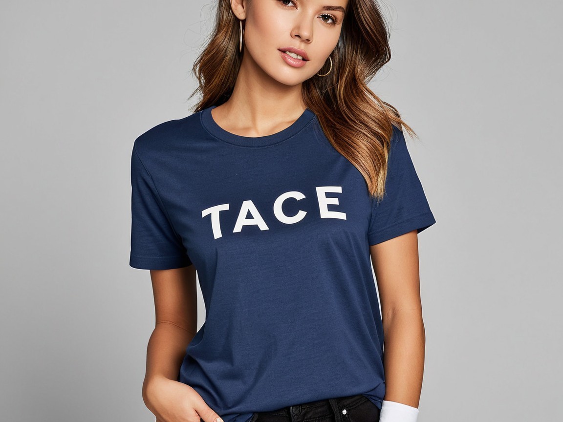 Casual navy blue t-shirt with bold "TACE" design