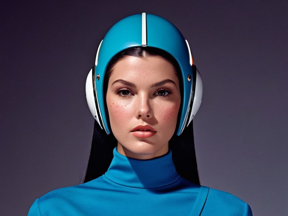 Futuristic Portrait of Model in Blue Outfit and Helmet