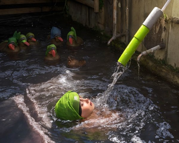 Child in Green Cap Floats in Serene Pool Scene
