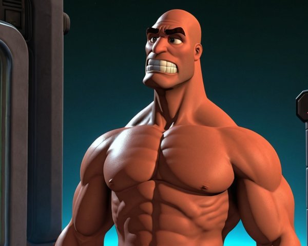 Muscular Animated Character with Intense Expression