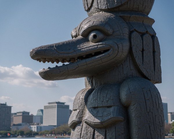 Wooden Sculpture of Crocodile-Like Creature in Cityscape