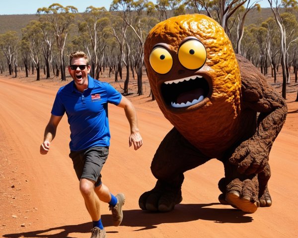 Man in Blue Shirt Runs Down Dusty Road with Creature