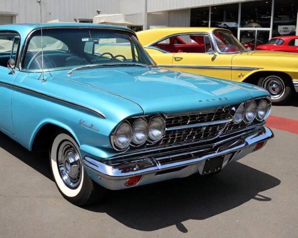 Vintage Light Blue Car with Chrome and Whitewall Tires