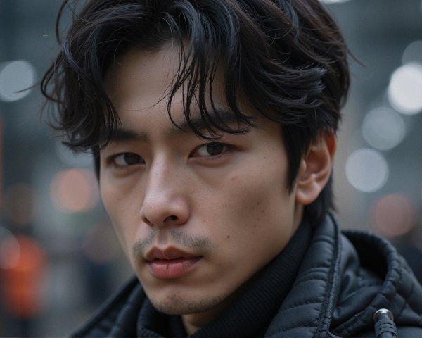 Young man with serious expression and urban background