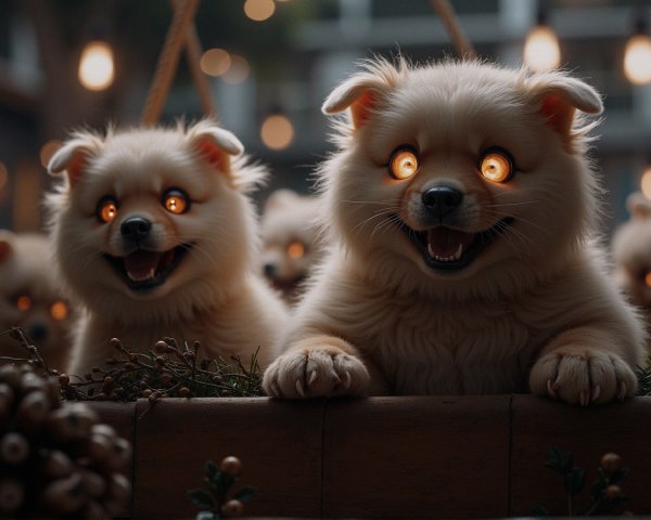 Fluffy Cream Puppies in a Rustic Wooden Box