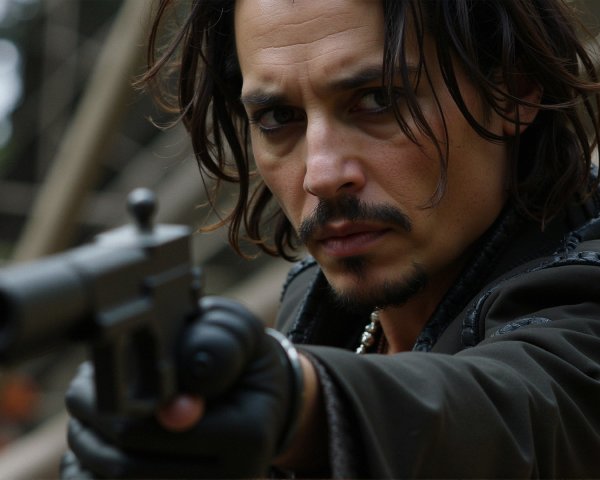 Rugged Individual with Gun and Intense Expression