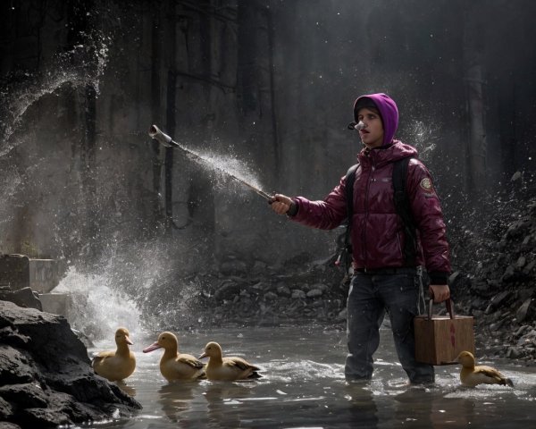 Young Boy Guiding Ducks in Industrial Water Scene