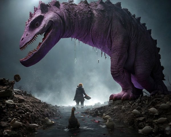 Purple Dinosaur in Foggy Setting with Child and Ducks