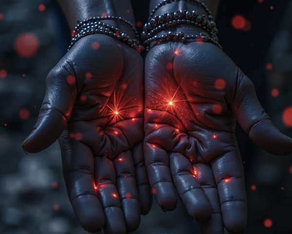 Open hands with glowing red sparks and bracelets