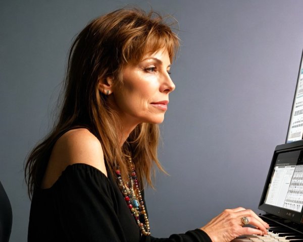 Woman with long hair working at a modern computer