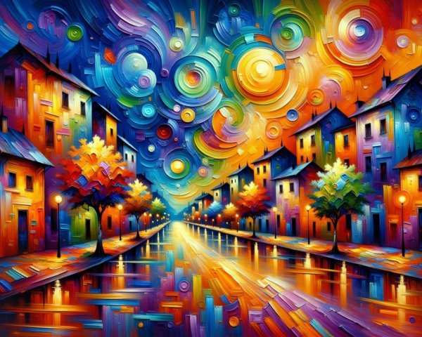 Vibrant Impressionistic Nighttime Street Scene