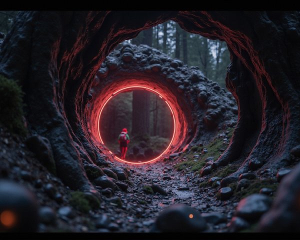 Mysterious Forest Scene with Glowing Circular Tunnel