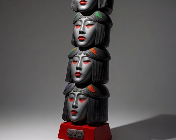 Four Stylized Faces Sculpture with Colorful Details