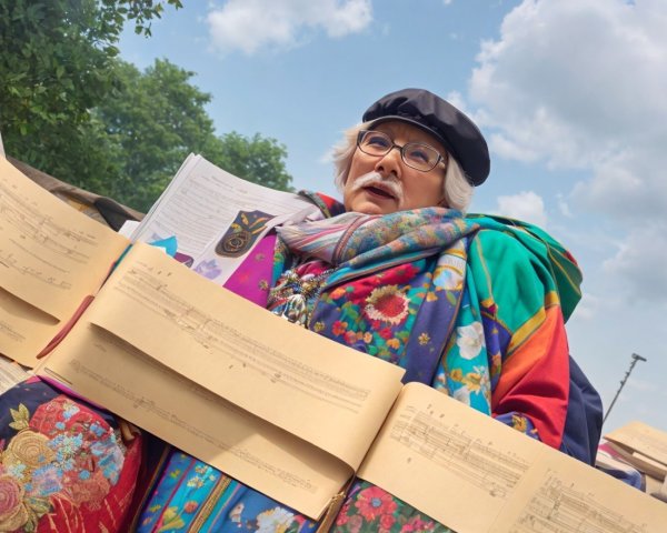 Elderly person in glasses and beret with open sheet music, colorful scarf and coat