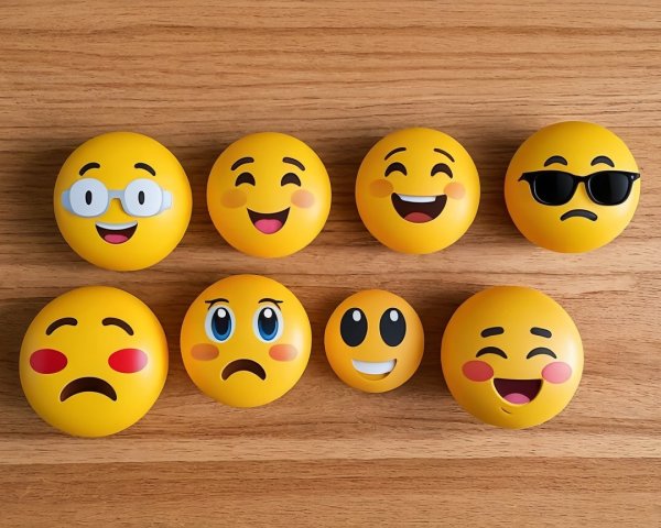 Collection of Yellow Emoji Faces on Wooden Surface