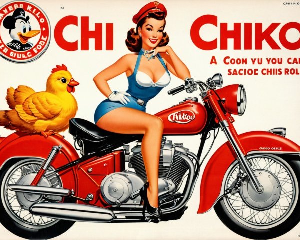Vintage Illustration of Woman on Motorcycle with Chicken