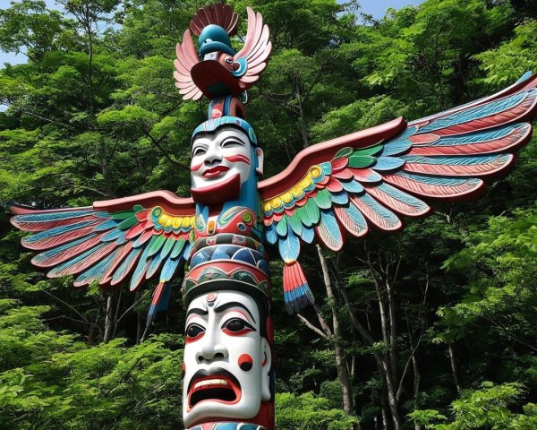 Vibrant Totem Pole with Intricate Carvings and Colors