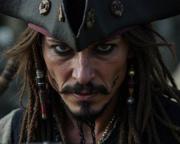 Close-up of a rugged pirate with dreadlocks and hat