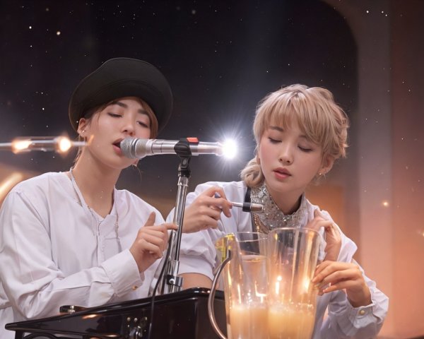 Duo performing music with singer and keyboard player in candlelit setting