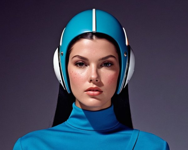 Futuristic Portrait of Model in Blue Outfit and Helmet