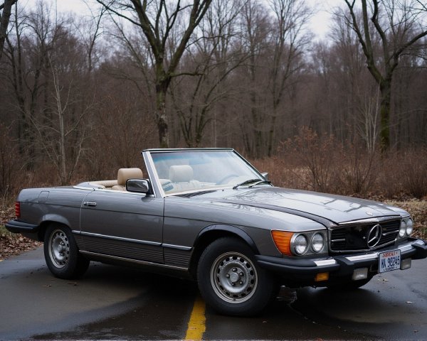 Classic Gray Convertible Car on Wet Winding Road