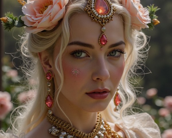 Young woman in garden with flowers and jewelry