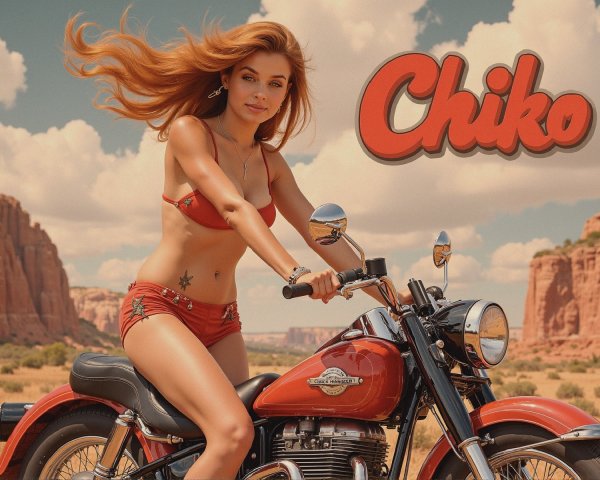 Woman on Vintage Motorcycle in Desert Landscape