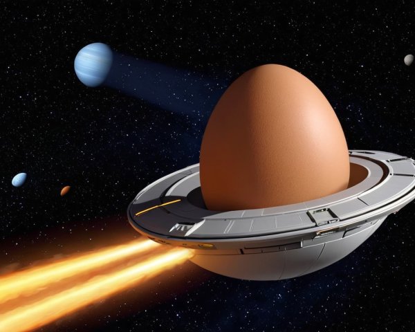 Futuristic spacecraft with egg-shaped object and flames