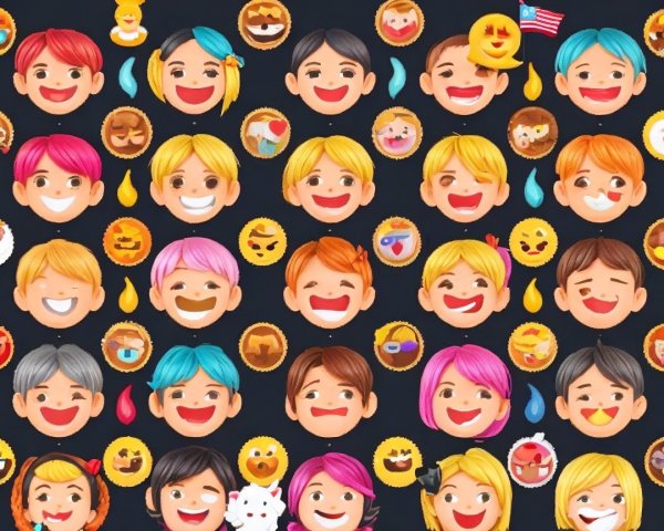 Colorful Cartoon Faces with Various Expressions and Icons
