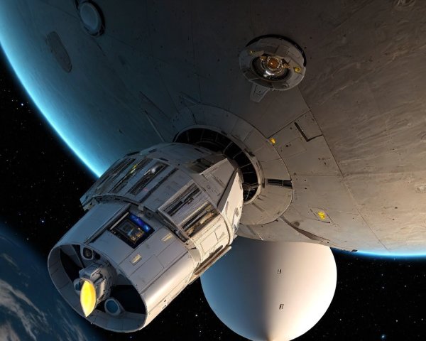 Futuristic Spacecraft Docked with Celestial Body