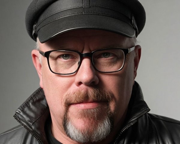 Middle-aged man in black leather jacket and cap