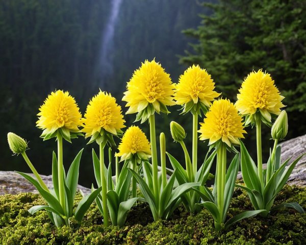 Mossy Ground with Yellow Flowers in Forest Setting
