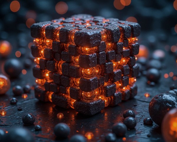 3D Cube with Textured Black Blocks and Orange Light