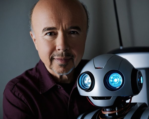 Middle-aged man with robot companion in soft focus