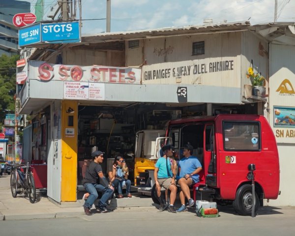 Group of people chatting outside rustic shop with red vehicle under clear blue sky