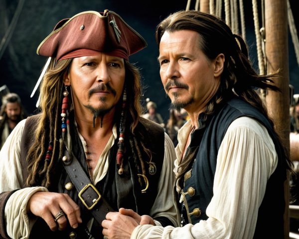 Pirates in Traditional Attire on a Ship with Crew