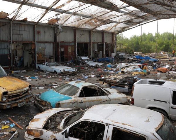 Abandoned warehouse with rusted vehicles and decay